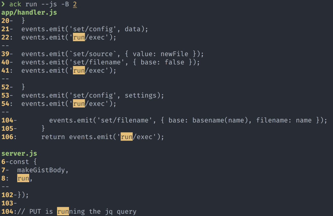 Sample ack output with grep args ack in action