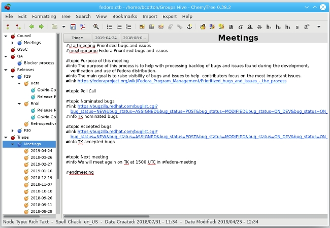 CherryTree&rsquo;s hierarchical note layout