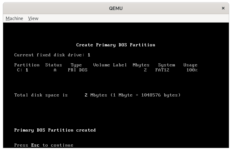 FDISK, after creating the 2 megabyte partition embedded setup