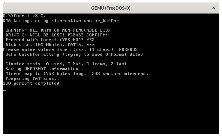 Format the partition to create the DOS filesystem formatting the disk